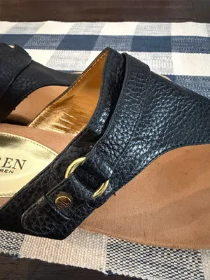 Lauren Ralph Lauren Black Leather Thong Sandals with Gold Buckle thumbnail 2