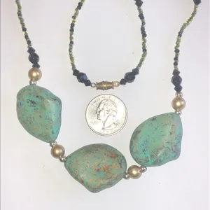 Vintage Turquoise Color and Black Glass Beaded Boho Necklace thumbnail 4