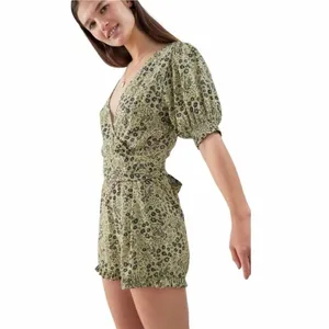 Urban Outfitters Sorrento wrap romper green floral print and puff sleeves small thumbnail 3
