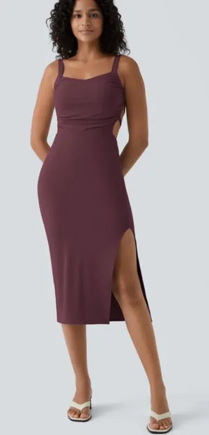 NWOT Halara Red Ruched Lace Up Bodycon Midi Dress thumbnail 1