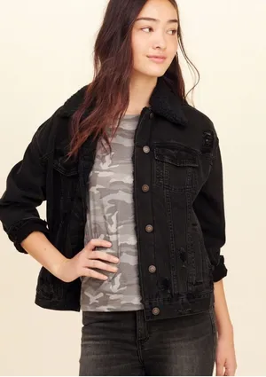 Hollister Black Sherpa-Trim Distressed Denim Jacket Black Sz M thumbnail 1