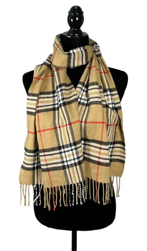 Kennedy Scotland Cashmere Check Plaid Brown Black Red Fringe Scarf thumbnail 1