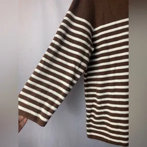 J. McLaughlin Chocolate Ivory Striped Fall Crewneck Sweater Quiet Luxury L thumbnail 3