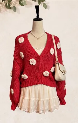 Red V-Neck Floral Appliqué Knit Cardigan Sweater thumbnail 1