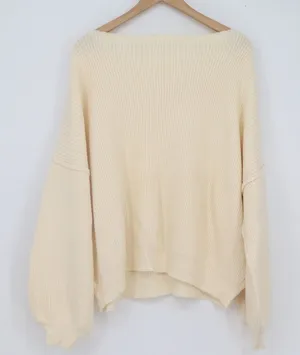 Talulah Womens Cream Ribbed Oversized Boat Neck Lantern Sleeve Sweater Large L thumbnail 1