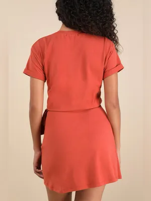 LULU’S Ioana Rust Red Short Sleeve Pleated Faux-Wrap Mini Dress thumbnail 3