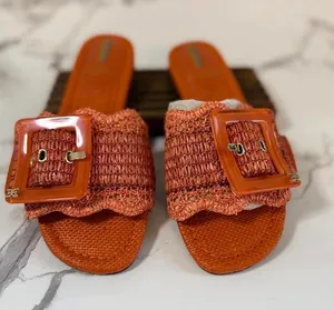 Sam Edelman New York Woven Raffia Slide Sandals Orange Square Buckle Women’s 6M thumbnail 1