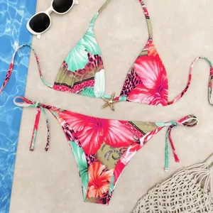 2 Piece Leopard Floral Bikini Swimsuit Halter Triangle String Bathing Suit SMALL Pink thumbnail 1