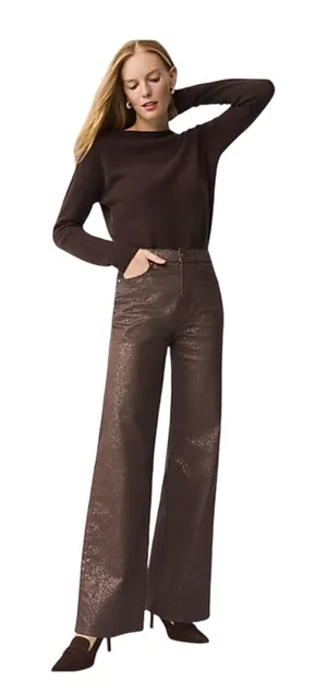 Ann Taylor Brown Gold‎ Metallic Foil High Rise Wide Leg Pants Size 4 Sparkle thumbnail 1