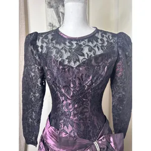 VTG 80s Whimsigoth High-Low Prom Dress Metallic Purple Taffeta Black Lace-Bow S thumbnail 3
