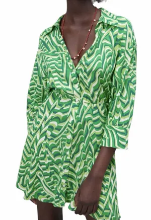 ZARA Printed Shirt Dress Green Mini Dress Size Large thumbnail 1