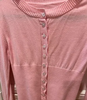 Amazon Pink Open Front Button Up Cropped Ribbed Knit Cardigan thumbnail 2