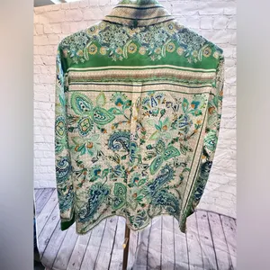 Zara Satin Printed Paisley Floral Button Up Collared Shirt Size Large like new! thumbnail 6