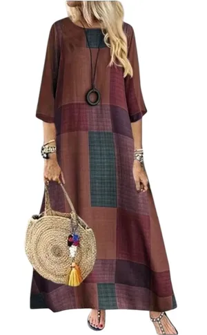 Boutique Patchwork Print Maxi Dress Burgundy Multi Boho Shift 3/4 Sleeve M NWOT thumbnail 1