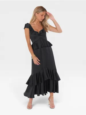 Show Me Your Mumu Reese Ruffle Black Satin Maxi Dress XS NWT thumbnail 4