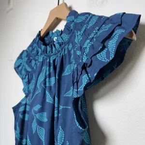 J. Crew Women 100% Cotton Preppy Top‎ XS Blue Leaf Print Ruffle Flutter Sleeve thumbnail 6