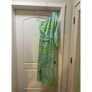 Boston Proper Dress Womens 0 Green Tropical Leaf One Shoulder Maxi Beach Party thumbnail 2