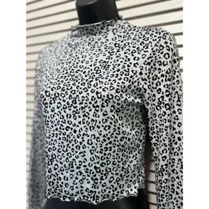 Antistar Gray/Black Cheetah Crop High Neck Sweater Long Sleeve Size M Soft thumbnail 2