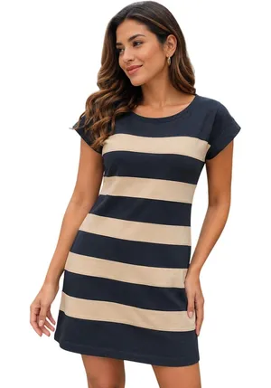 J. Crew Striped Cotton Pique T-Shirt Dress Gray Tan‎ Button Back Cap Sleeve M thumbnail 1