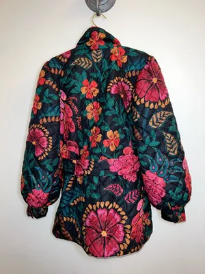 Farm Rio Black Floral Quilted Puffer Jacket XL NWT‎ Belted “Made in Brazil” thumbnail 2