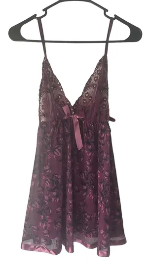 Fairy Purple‎ Women's Size Medium Floral Sequin Babydoll Teddy Top Set thumbnail 1