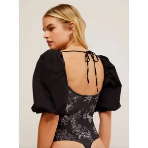 Free People Prarie Rose Puff Sleeve Bodysuit Black Coquette Romantic Large NWT thumbnail 5