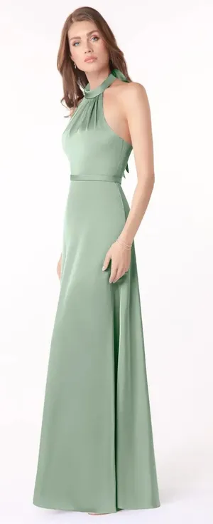 AZAZIE Womens Satin Delmar Green Halter Sleeveless Bridesmaid Maxi Dress Size 4 thumbnail 1