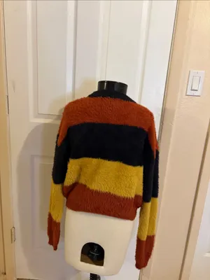 Street Style: Edgy Oversized Striped Fuzzy Crop Sweater thumbnail 3