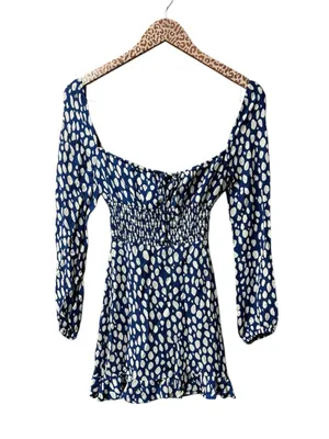 Reformation Rue Long Sleeve Mini Dress Crepe Spotted Lolita Blue White 0 thumbnail 4