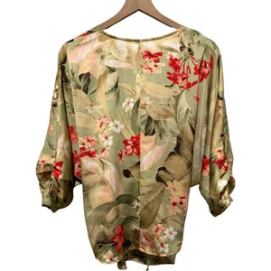 Easel Kimono Wrap Women M Floral Boho Green Pink Robe Tropical Resort Cardigan thumbnail 2