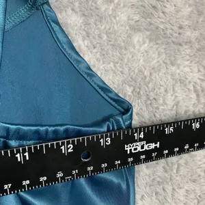 Cider Satin Cowl Neck Mini Dress‎ Womens XS Teal Blue Spaghetti Strap Tie Waist thumbnail 5