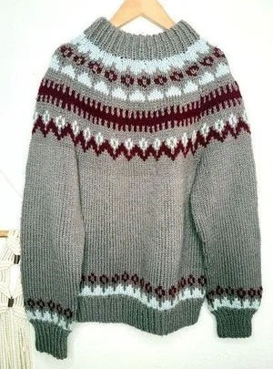 Handknit Sweater Taupe Maroon Cream nordic fair isle handknit Mockneck Knit thumbnail 1