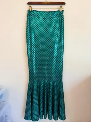 Mermaid Skirt floor length, green metallic fish scales pattern, lined, size S thumbnail 7