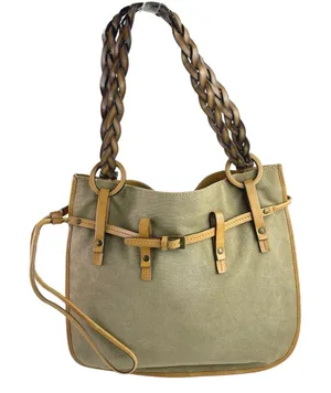 Gucci Women's Gray Green Braided Leather Straps Canvas Tote Shoulder Hand Bag thumbnail 1