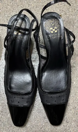 Vince Camuto Black Polka Dot Mesh Pointed Toe Ankle Strap Heels thumbnail 5
