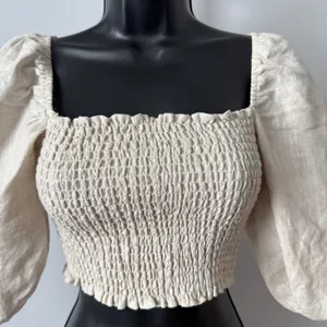 Reformation sz 2 Beige 100% Linen Smocked Puff Sleeve Crop‎ Top Blouse Cottage thumbnail 2