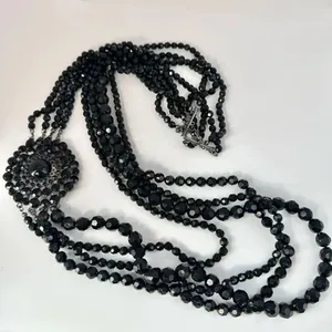 Long multi strand black beaded flower necklace thumbnail 5
