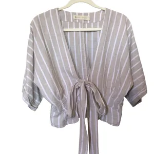 Happy x Nature Beige Tan Striped Linen Blouse Women’s Top Size Small thumbnail 2