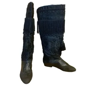 Vintage 1980'S Black Leather Fringe & Ricrac Knee High Boots (36.5) thumbnail 3