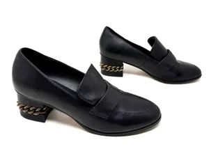 [Kurt Geiger London] Black Raquel Block Heel Leather Loafers Chain Sz 39 US 8.5 thumbnail 1