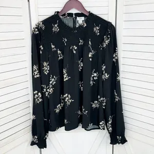 J. Crew Floral Smocked Ruffle Trim Blouse Black‎ Tan Large thumbnail 7