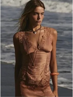 Free People Lace Cami in Warm Caramel, elastic back, size S thumbnail 6