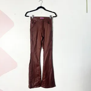 Edikted Luna Faux Leather Flared Jeans Small Brown Retro Fall thumbnail 2