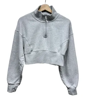 Aerie Offline 1/4 Zip Crop Sweatshirt Women Sz M‎ Gray Boho Pullover Mock Neck thumbnail 1