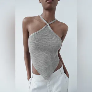 NWT Zara Metallic Silver Open Back Knit Top thumbnail 3