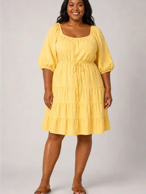 Women’s Plus Size 2X Yellow Square Neck Puff Sleeve Tiered Midi Dress thumbnail 4