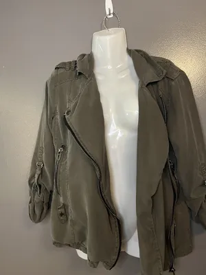 BLANKNYC Jacket Womens XS Green Twill Asymmetrical Zip Moto Biker Lined Utility thumbnail 5
