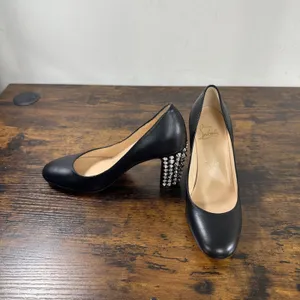 Christian Louboutin Donna 85 Black Leather Silver Spike Block Heel Pumps 35.5 thumbnail 6