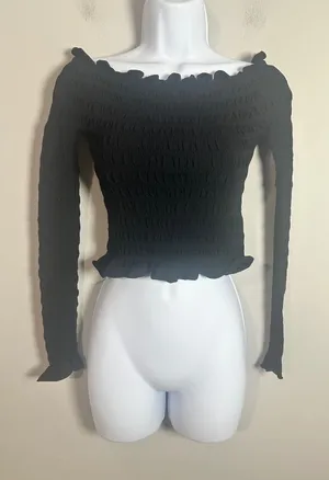 Zara Women Black Smocked Off the Shoulder Long Sleeve Crop Top Size M thumbnail 1