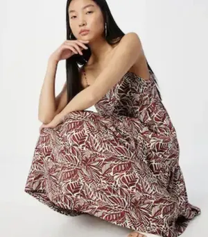 NWT Abercrombie Trapeze Tropical Print Tiered Midi Dress Brown White Small thumbnail 2